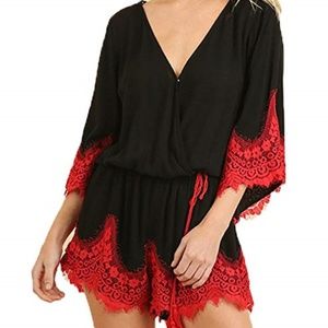 Women's Romper with Lace Trim and Tassel Tie